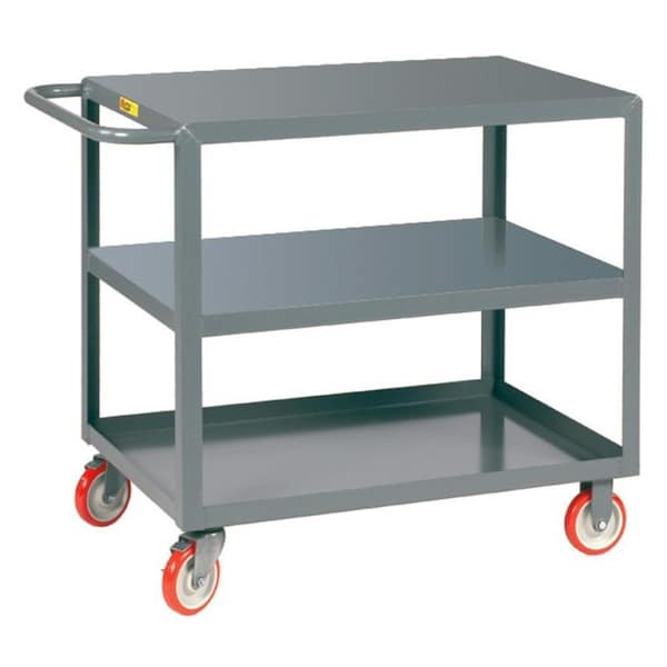 Welded Service Cart, 1200 lb Cap, 3 Lipped Shelves, 5" Poly w Brakes